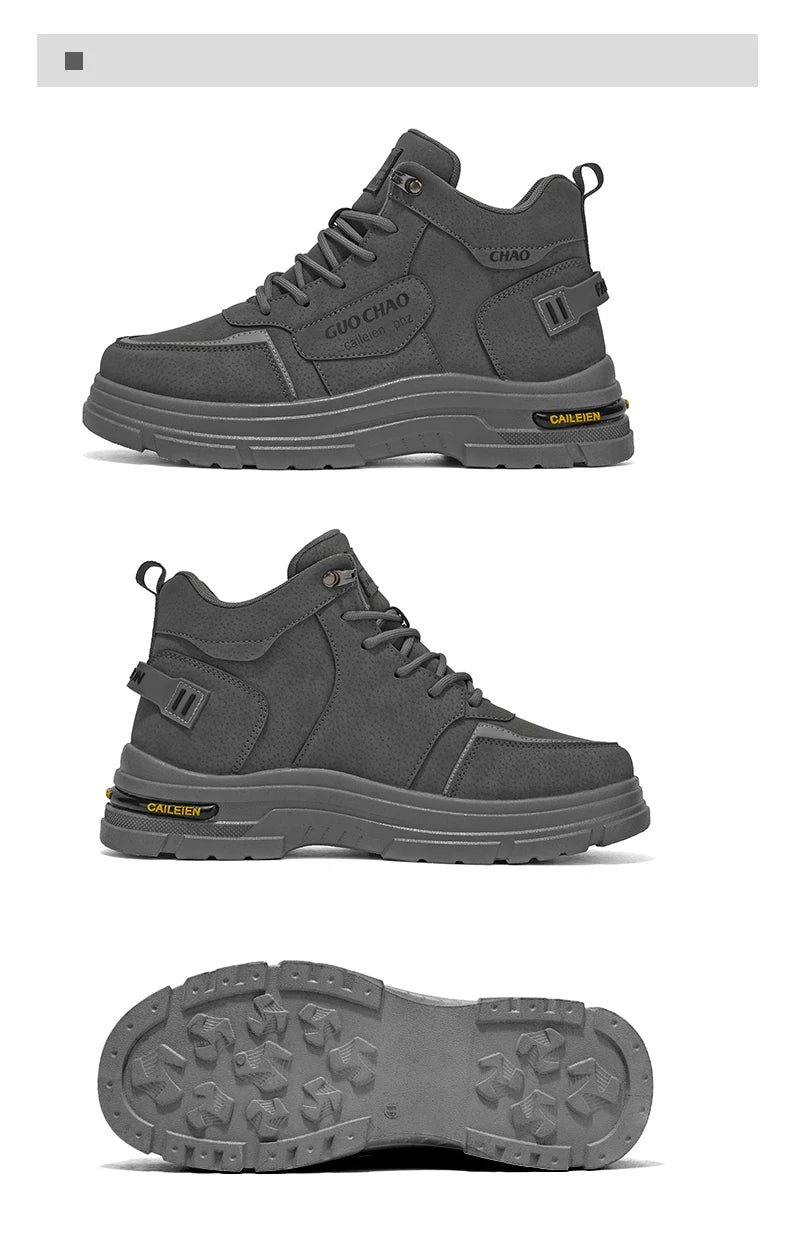 High Top Boots Four Season Outdoor Work Shoes Men's Anti Slip and Comfortable Black Boots Fashion British Casual Leather Boots