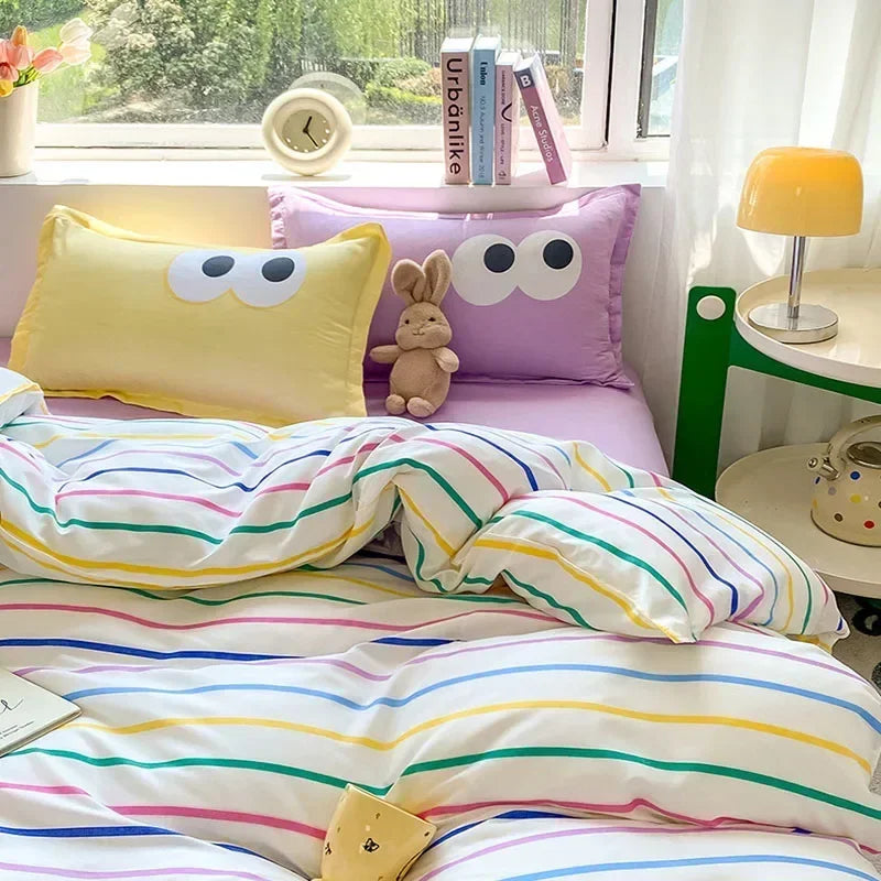 New Cartoon Striped Printed Bedding Sets Aloe Cotton Skin Friendly Breathable Comforter Cover Set Twin Double Size Bed Linens