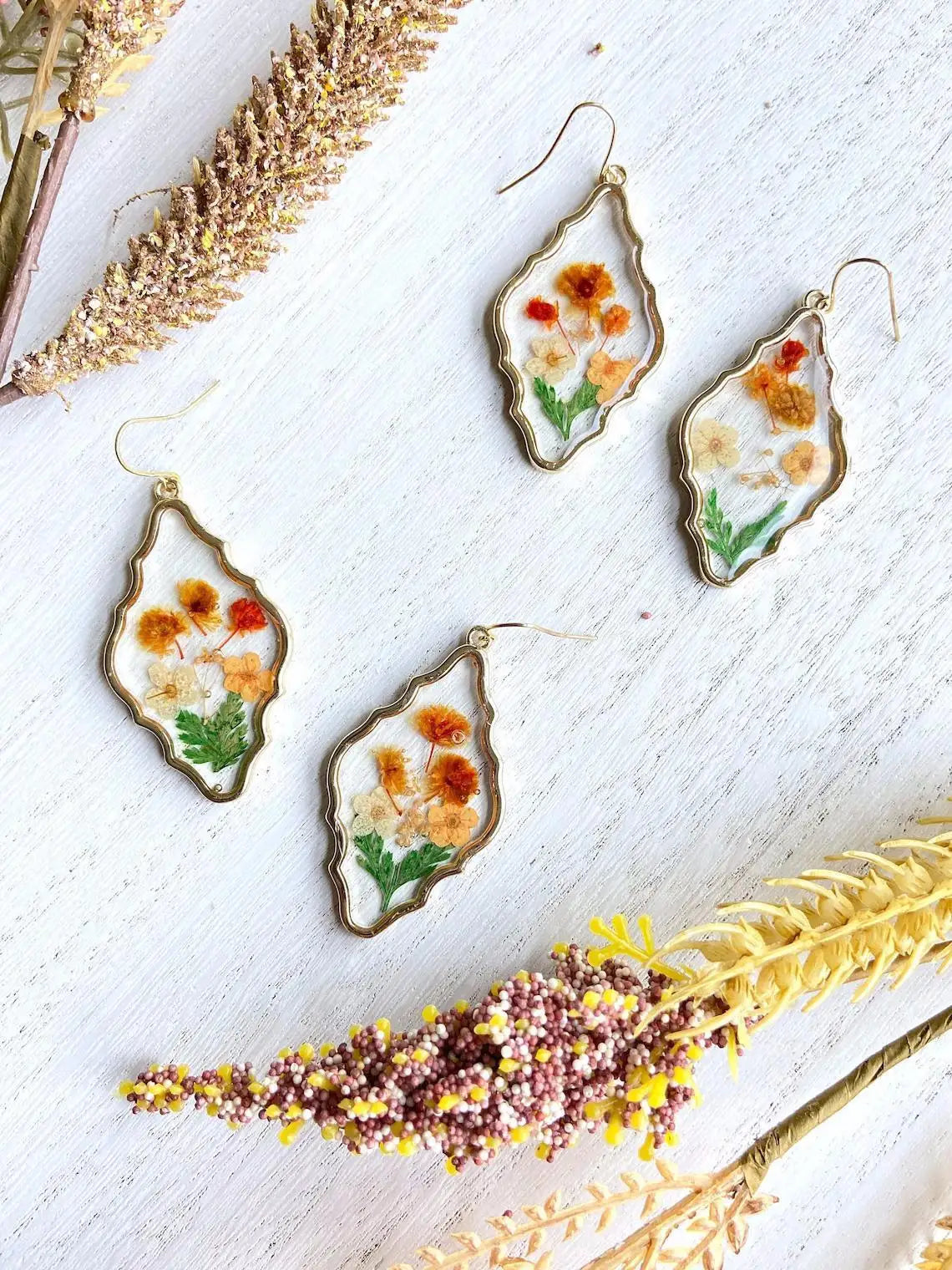 Dried flower earrings, Bohemian jewelry, retro, geometric, plant, resin, leaf, natural, Gift, ear hooks For Women Girls
