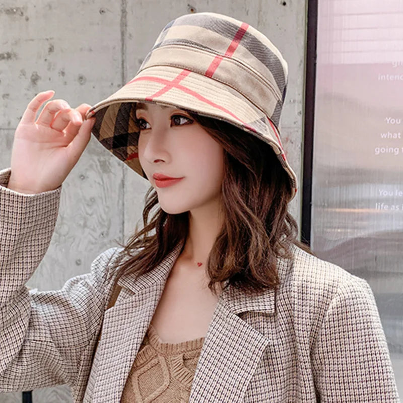 2025 New Fisherman Hats for Women Casual Shade Sun Hat Checked Suede Fabric Basin Hat Casual Folding Warm Hats Bucket Hat Women