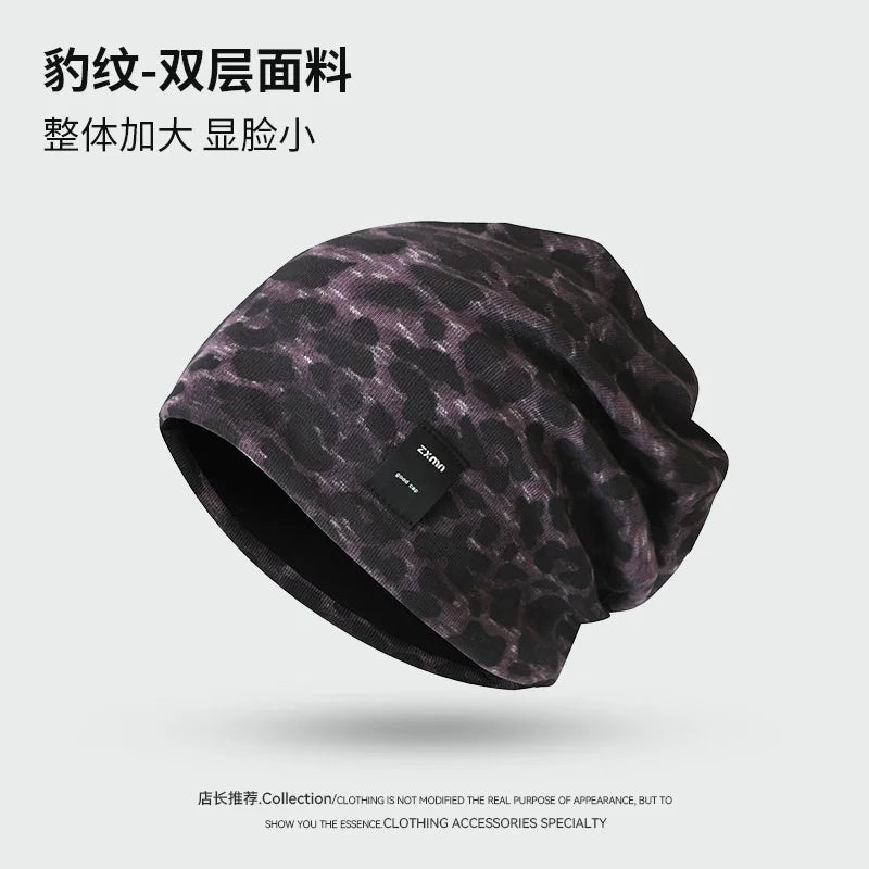 Y2K Retro Leopard Print Patch Beanies for Women Spring and Autumn Travel Casual Versatile Show Face Small Elegant Pullover Hat