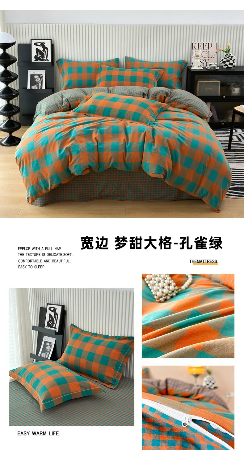 New Cotton Quilt Cover Plaid Yarn-dyed Washed Single Douvet Bed 160x210 220x240 Skin Friendly Comfortable Large Size Bedding