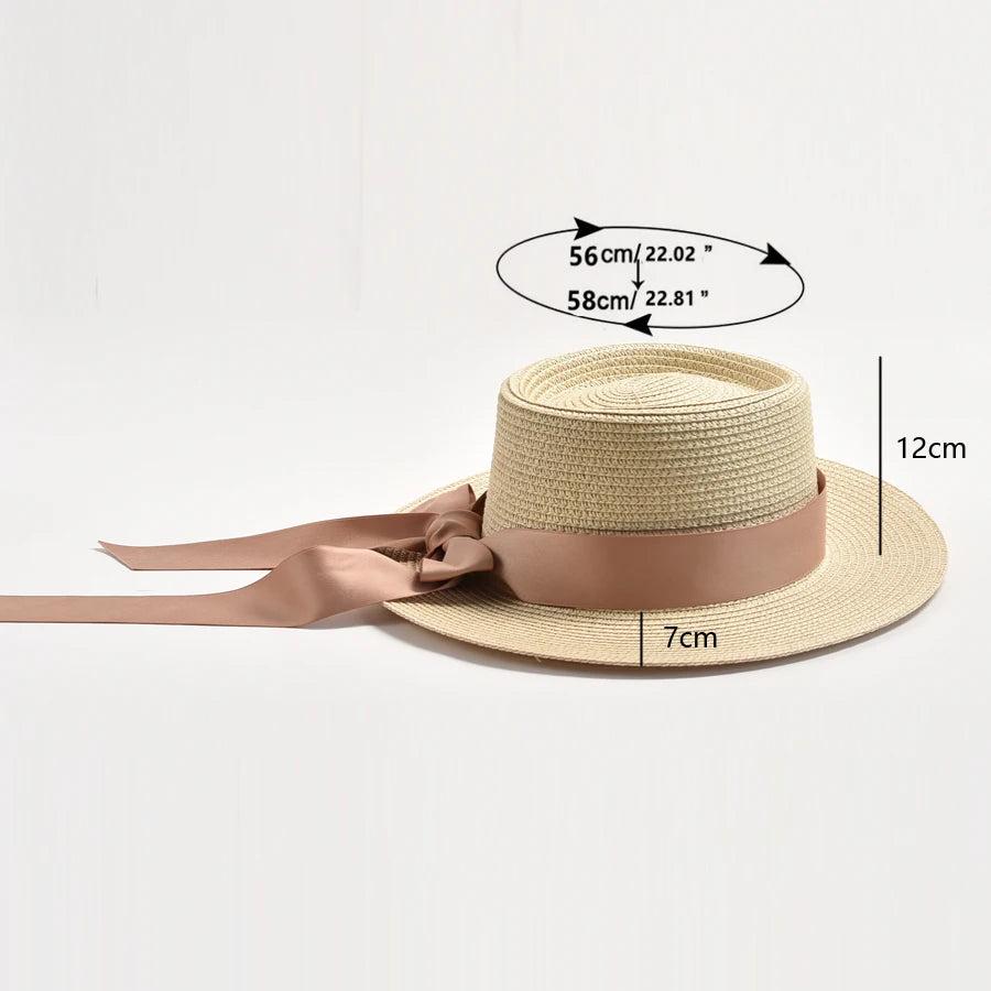 Hats for Women Flat Top Ribbon Bowknot Elegant Straw Sun Hats Summer Sun Protection Beach Hat Gorras Hombre