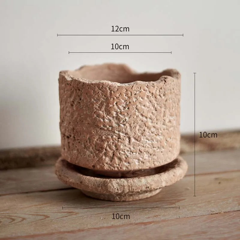 Retro Gardening Small Flowerpot Home Decoration Handmade Ceramic Terracotta Pot Hammered Basin with Tray Succulent Planting