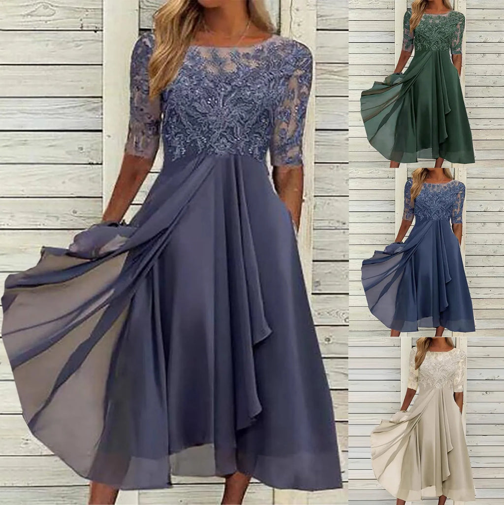 Elegant Formal Party Dress Embroidery Chiffon Round Collar Short Sleeve Luxury Dress Bridesmaid Evening Dresses Vestidos платье