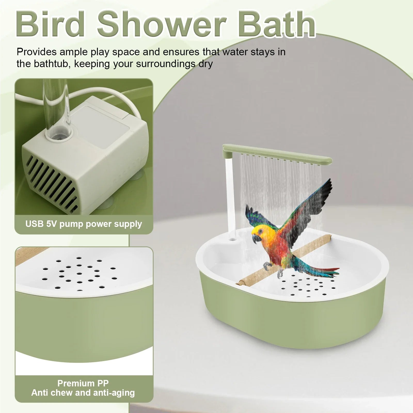 Bird Shower Bath Generous Capacity USB Electric Circulating Water Bird Bathtub for Lovebird Cockatiel Finches Cockatoo Conure