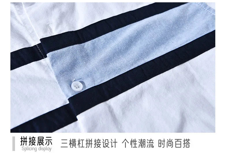 Japanese Fashion Mens Long Sleeve Shirts Spring Summer Daily Casual Pure Cotton Shirt Oxford Striped Patchwork Shirt Youth Tops