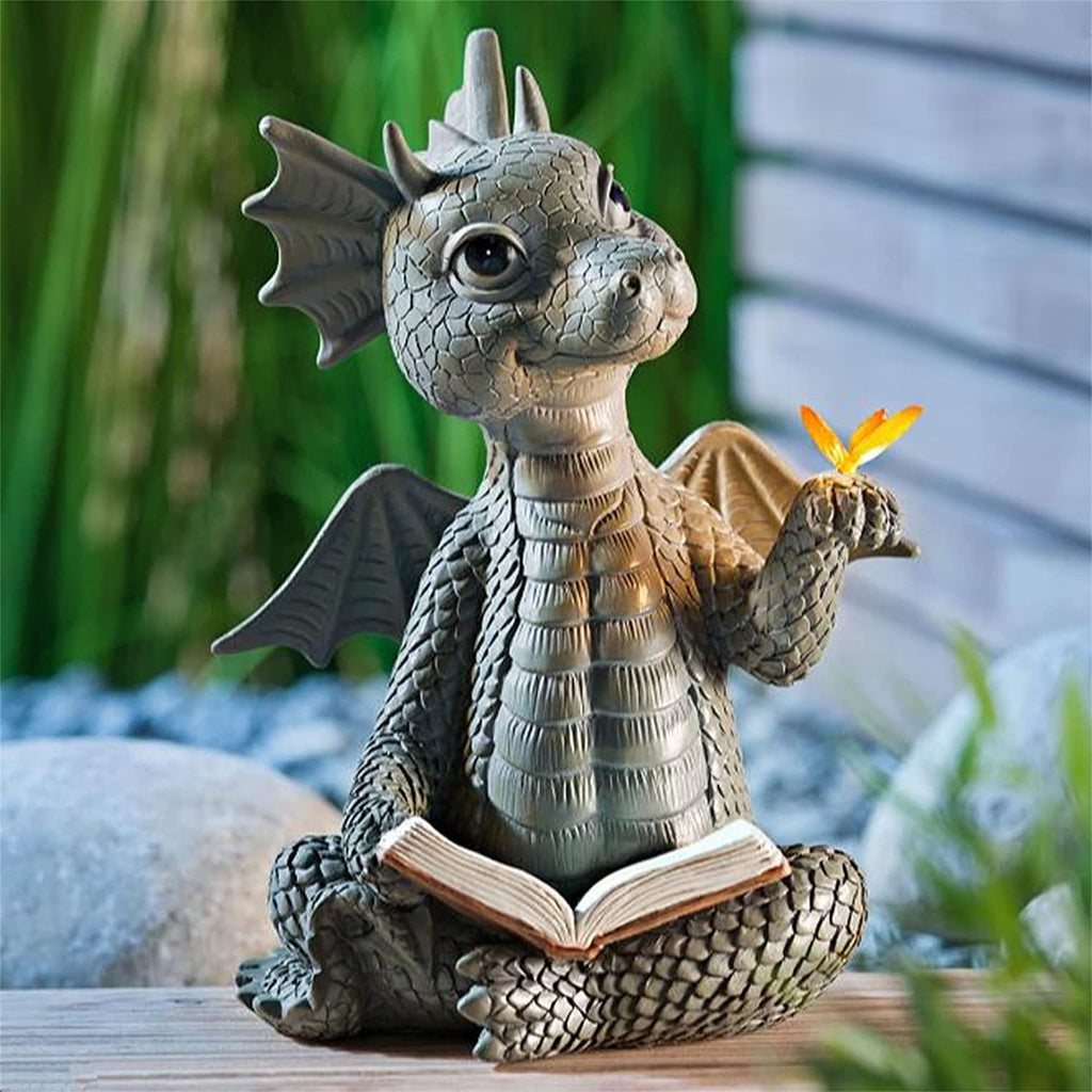 Garden Reading Book Little Dragon Sculpture Cute Dragon Statues Resin Dragon Sculptures Art Ornament for Lawn Yard Home Decor