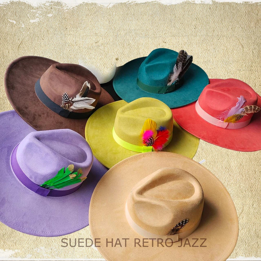 Retro Men's Suede Hats Wide Brim Feather Felt Fedoras Women's Hats Church Jazz Hats Panama Cowboy Hats Wholesale sombrero hombre
