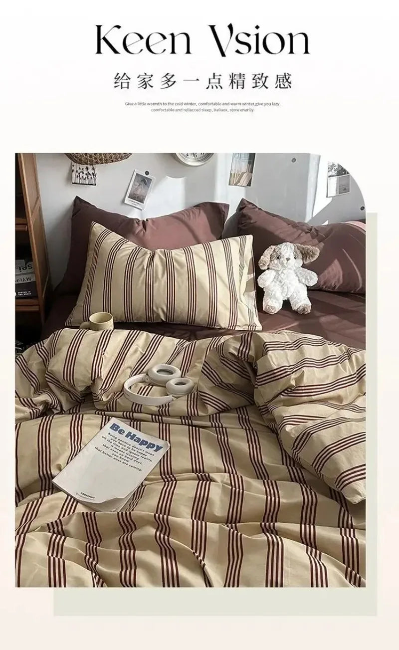 MissDeer Bedding Set Ins Ambiance Blue Coffee Grid Mixed With Washed Cotton Minimalist Four Piece Set Fitted Sheets Duvet Cover