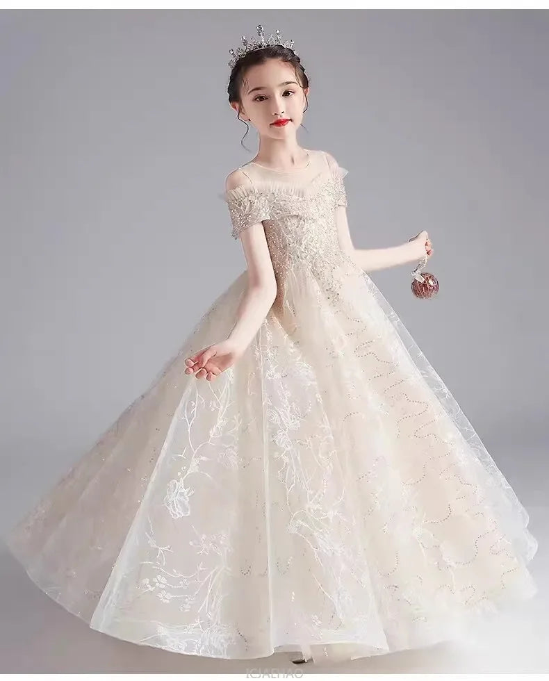 Long Dress 2025 Flower Girl Wedding Dresses Vestido Princess Gown Costume Kids Host Piano Outfits Children Girls Birthday Party