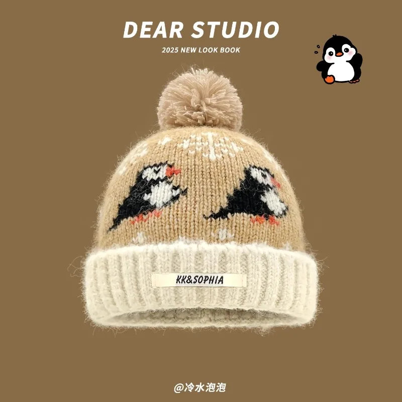 Cute Cartoon Jacquard Knitted Beanies for Women Winter Warm Ear Protection Versatile Show Face Small Retro Pom-pom Pullover Hat