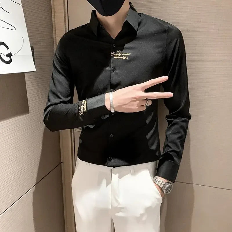Shirts For Men Long Sleeve Embroidery White Man Shirt Social Cheap Things With Vintage Sleeves Slim Fit Sale Fashion 2025
