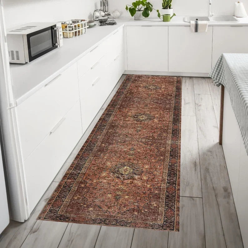 Boho Turkish Runner Rug Pink Persian Rug Kitchen Runner Rug Hallway Entry Rug, Washable Oushak Rug Farmhouse Runner Rug