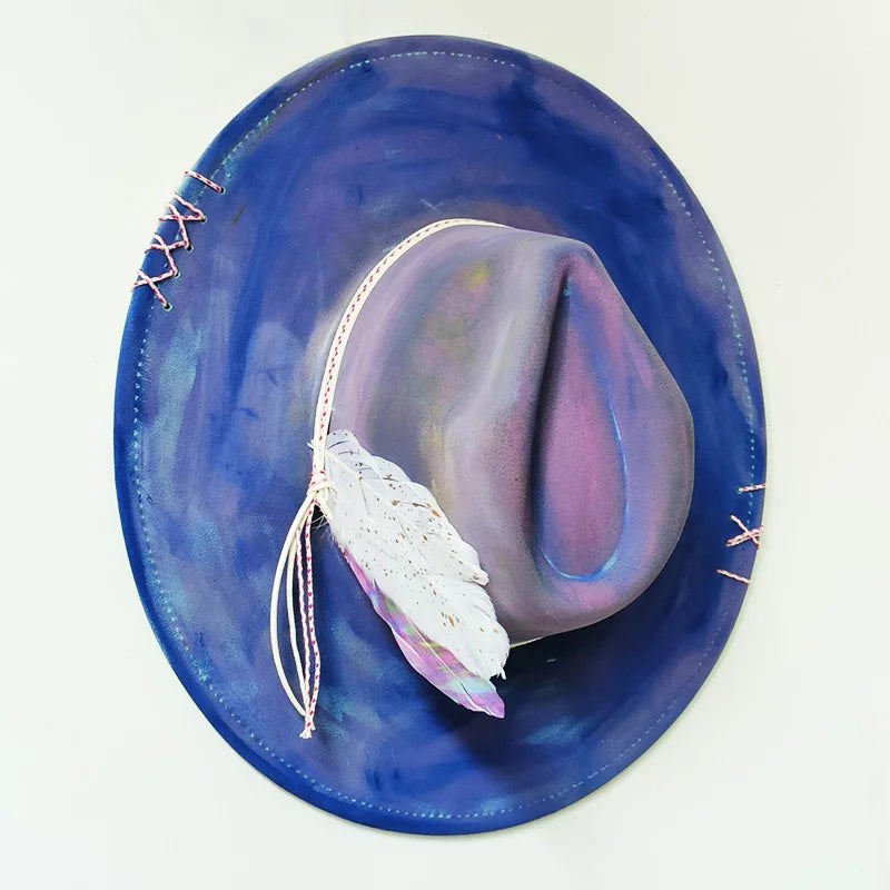 New fedora hats for women Feather Fedoras Hand-painted hat Jazz 9.5 cm wide brim top hats party 2024 sombrero british cup hat