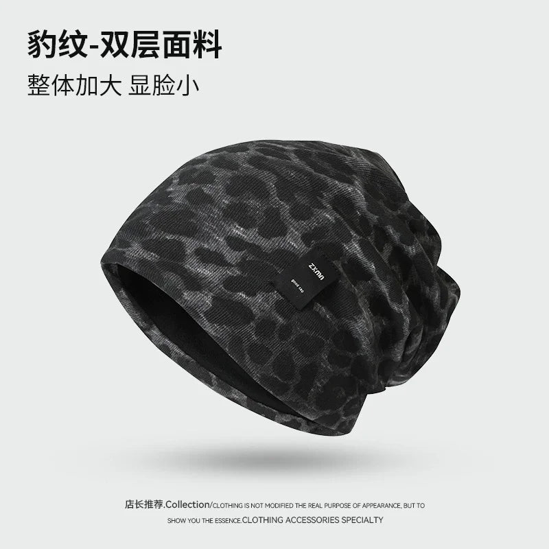 Y2K Retro Leopard Print Patch Beanies for Women Spring and Autumn Travel Casual Versatile Show Face Small Elegant Pullover Hat