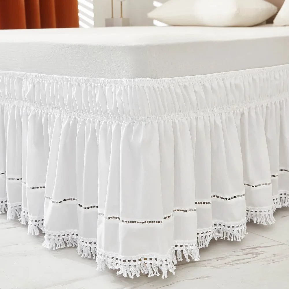 Bed Decoration Elastic White Fringed Bed Skirt Stretchable Dust-proof Under-bed Covering Skirt Ruffled Romantic Bedspread Inn