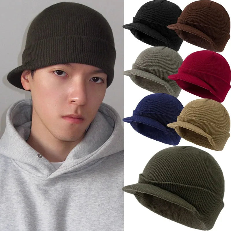 New Unisex Knitted Hats Fashion Thicken Fur Lined Soft Beanie Cap with Brim Thermal Winter Simple Hip Hop Hat for Men Women Gift