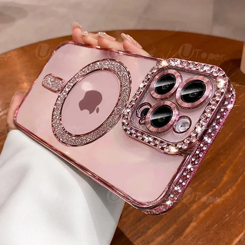 Fashion Girl Pink Crystal Glitter Transparent Magnetic Case For iPhone 16 15 11 12 13 14 Pro Max Wireless Charging Diamond Cover