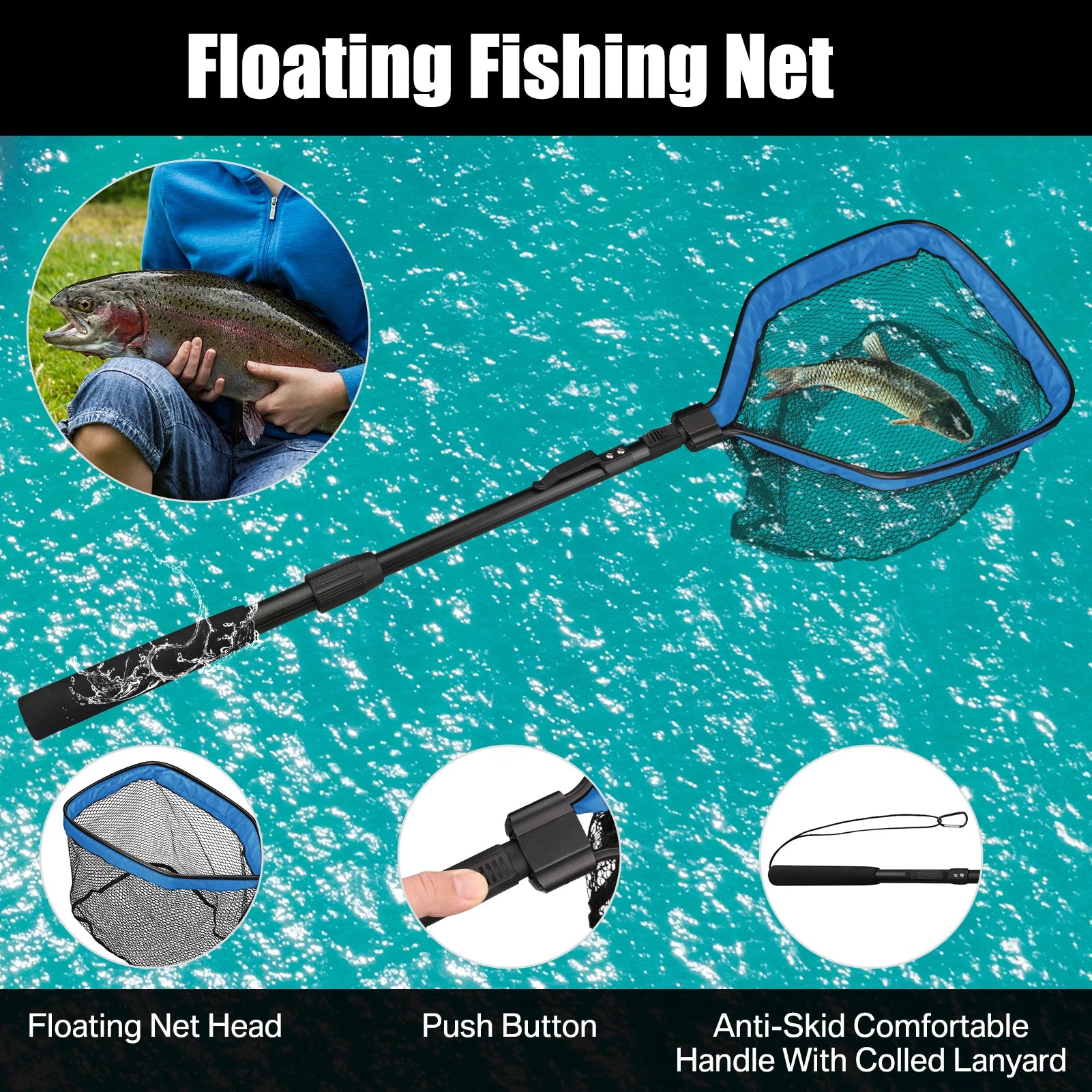 Fishing Net Fish Floating Landing Nets with Foldable Telescopic Pole Handle&Nylon Mesh for Saltwater Freshwater Catch&Release