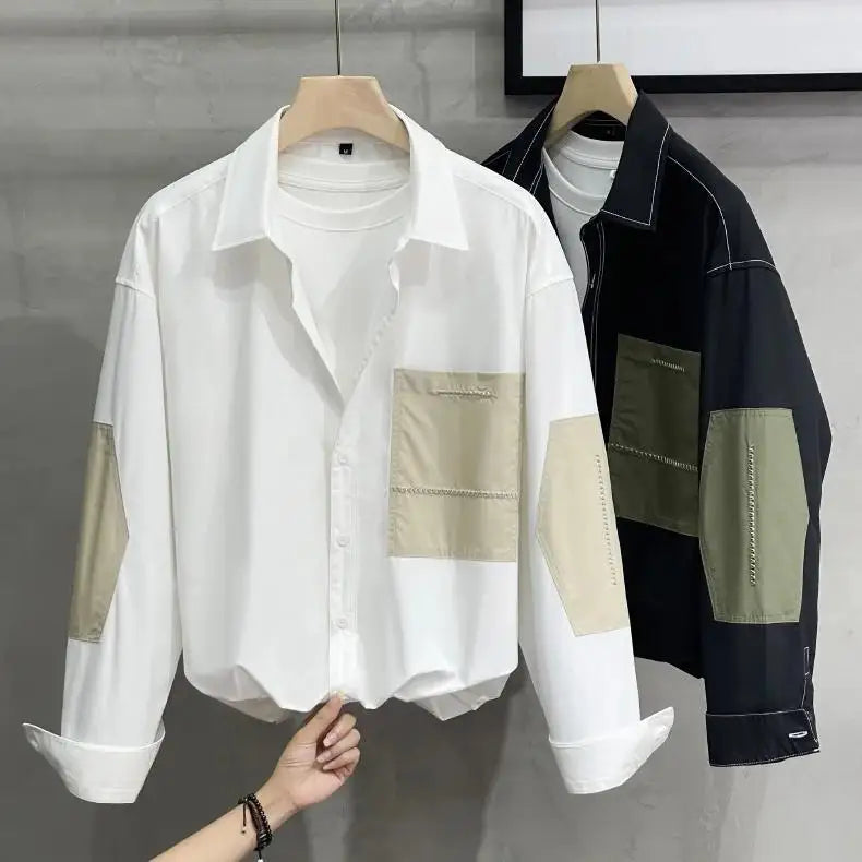 Men's Long Sleeve Shirt Business Casual Loose Patchwork Color Block Unique Design Spring Autumn Tops