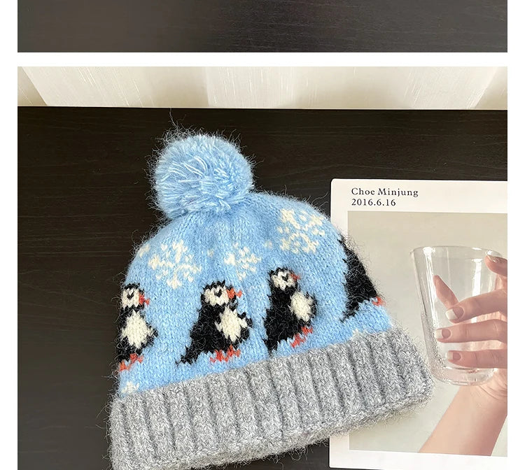 Cute Cartoon Jacquard Knitted Beanies for Women Winter Warm Ear Protection Versatile Show Face Small Retro Pom-pom Pullover Hat