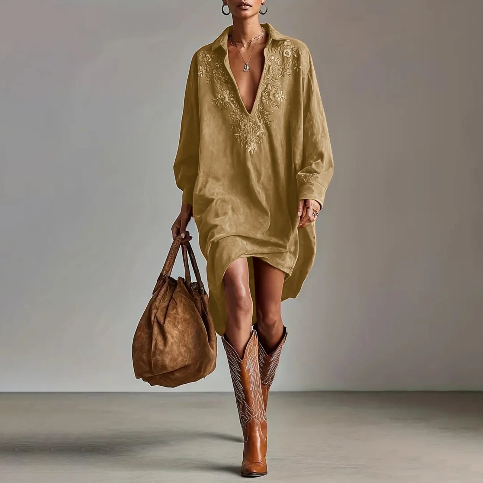 Dresses Womens Shirt Dress Terracotta Suede Embroidered High-Low Puff-Sleeve Bohemian Stylish Outfit Daily 2026 Trendy Vestido
