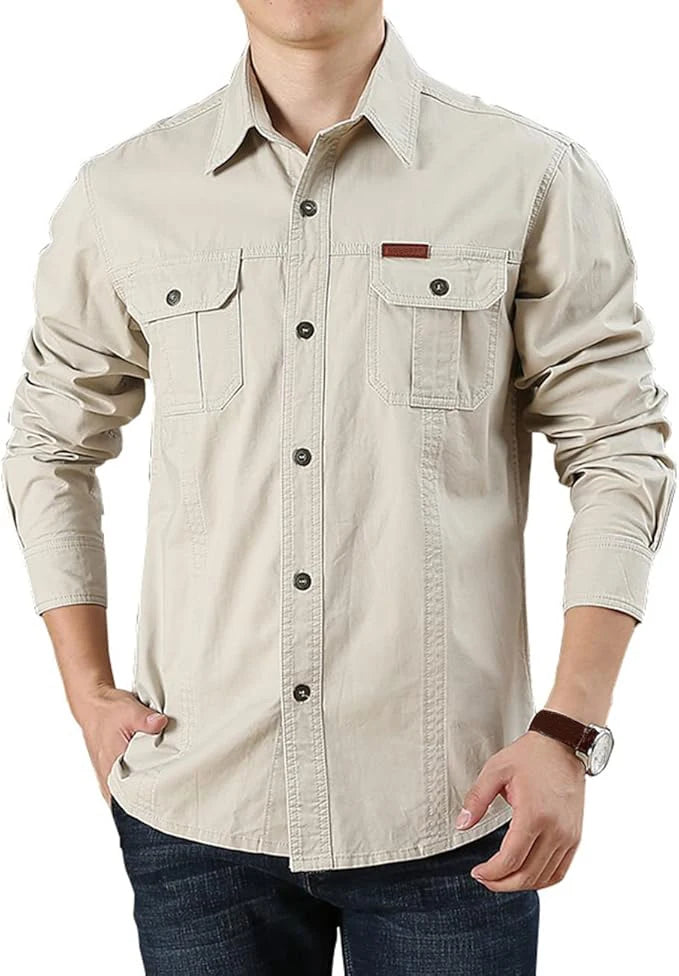 Men's Long Sleeve Cargo Shirt Casual Cotton Shirts Spring Autumn Button Down Pockets Sports Military Hiking Camping Shirt
