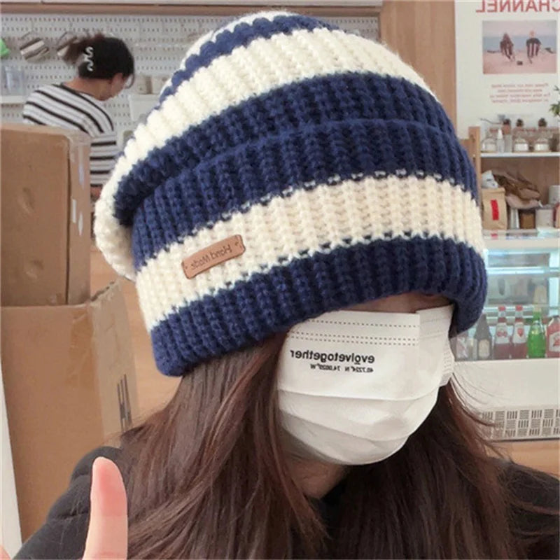Winter Warm Hats For Women Casual Stacking Knitted Bonnet Caps Men Hats Stripe Hip Hop Unisex Female Beanies