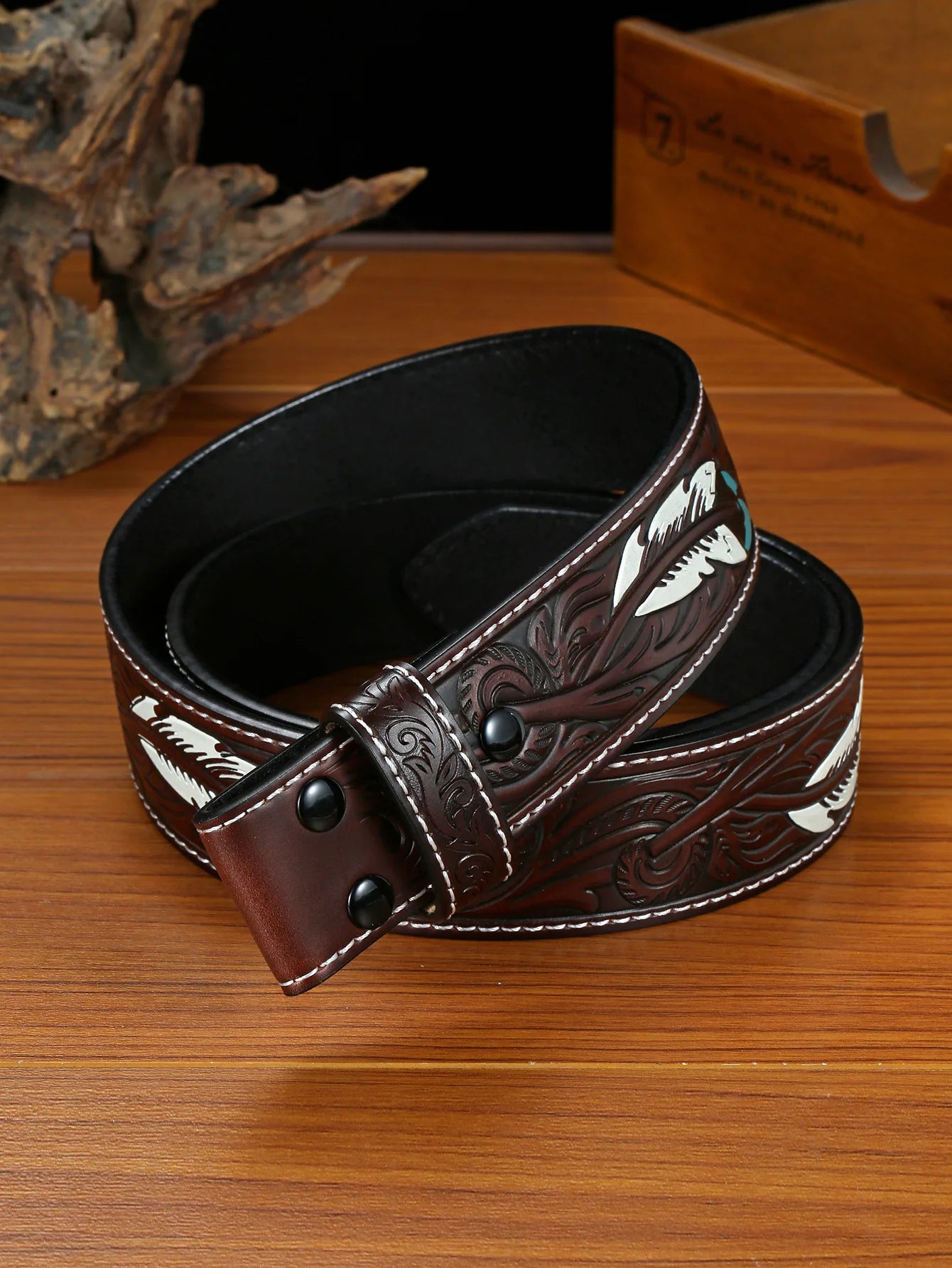 Genuine Leather Embossed Belts for Men&Women Cowboy punk wind pressure flower feather retro same style For 4CM Wide