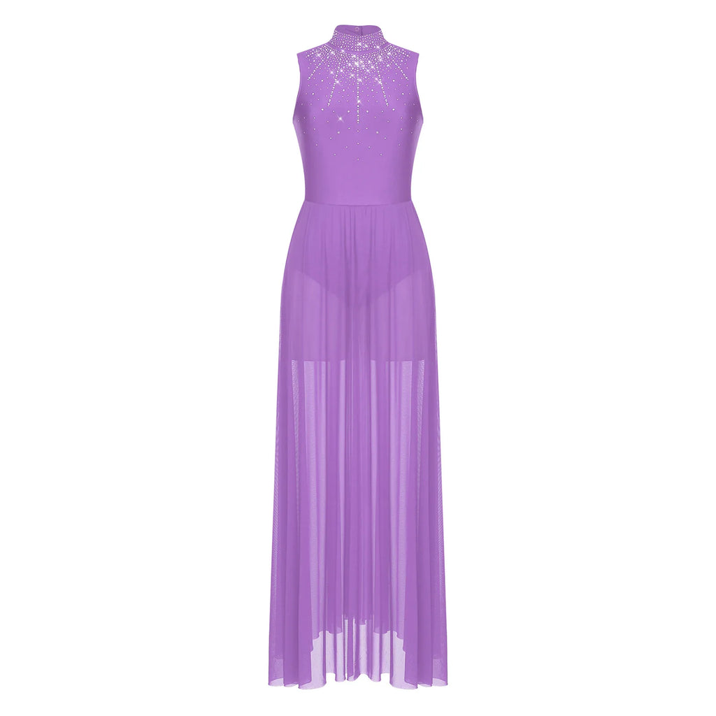 Womens Lyrical Dance Dresses Mock Neck Wide Hemline Shiny Rhinestones Maxi Dress Sleeveless Modern Contemporary Leotard Dresses