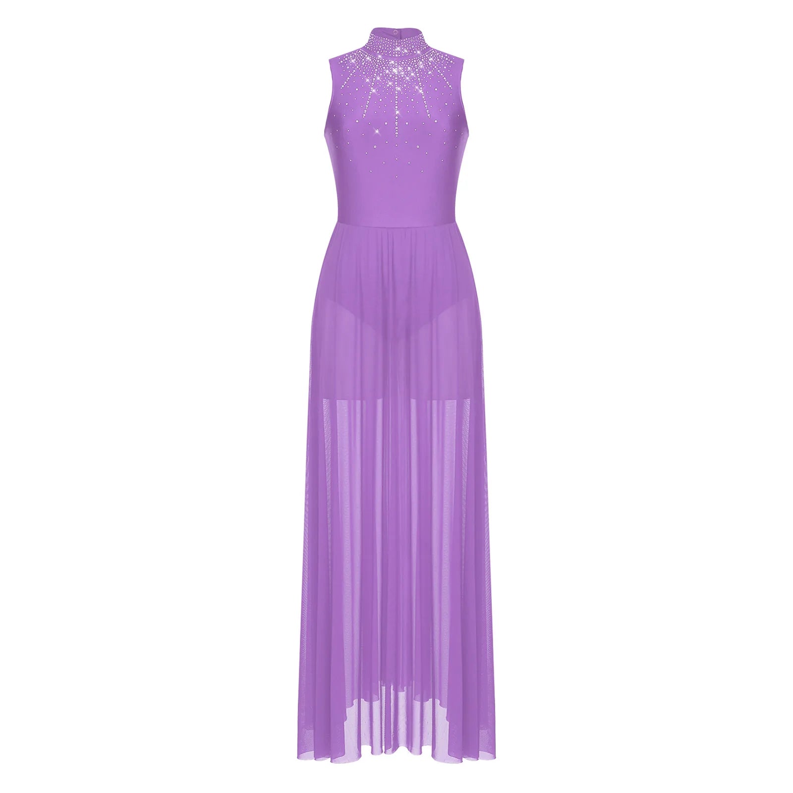 Womens Lyrical Dance Dresses Mock Neck Wide Hemline Shiny Rhinestones Maxi Dress Sleeveless Modern Contemporary Leotard Dresses