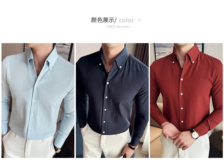 Long Sleeves Shirts for Men Light Thin Fashion Fold Process Wine Red Solid Casual Shirt Men Social Dress Shirt Slim Fit Tuxedo