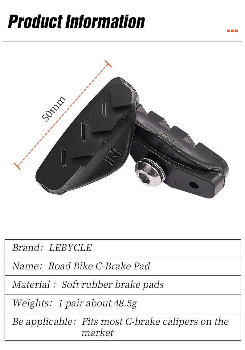 LEBYCLE Road Bicycle Cycling Braking C-Brake Pads Blocks Holders Durable Rubber Shoes 50mm Caliper Pads