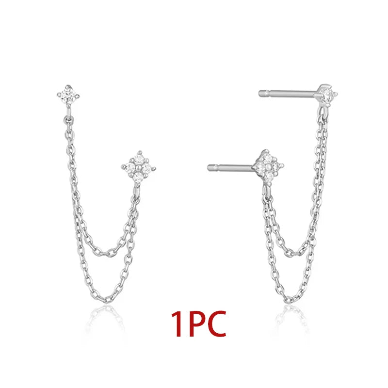 New Arrival Double Ear Studs Tassel Chains Hanging Earrings for Women Ear Piercing 3 Metal Color Luxury CZ Hot Jewelry