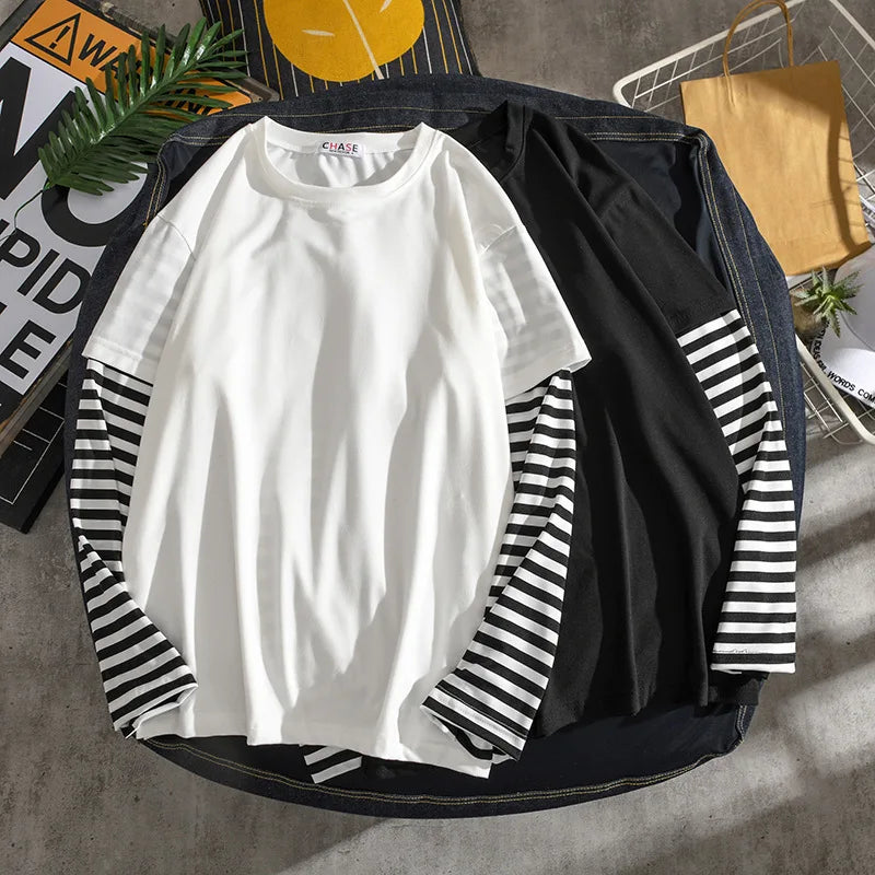 Long Sleeves Shirt Men's Loose Undershirts Striped Patchwork Sweatshirt O Neck Pullover Mens Casual Tops Harajuku Streetwear