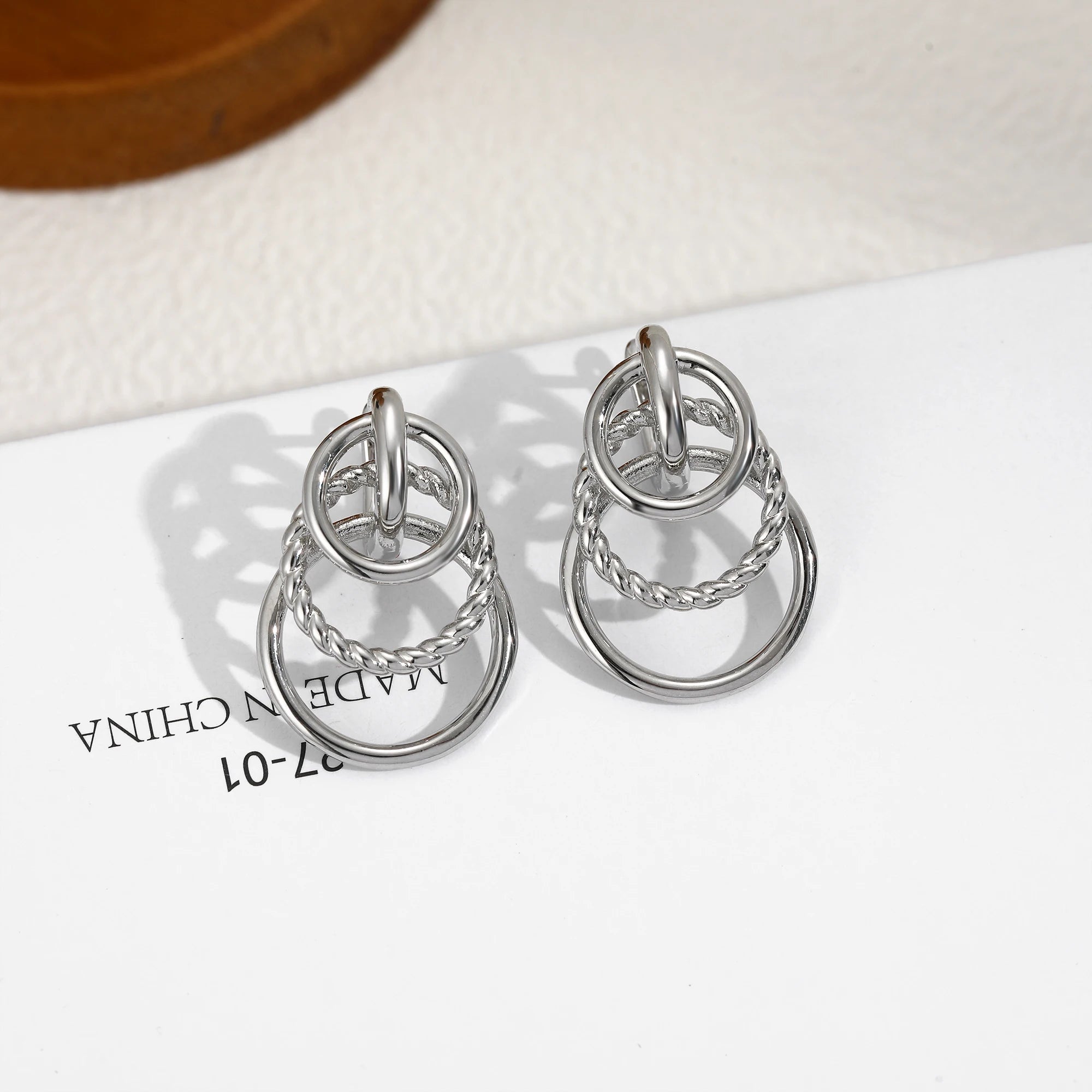 Fashionable Exaggerated Twisted Striped Earrings for Women 18K Metal Three Circular Stainless Steel Charming Jewelry Gift