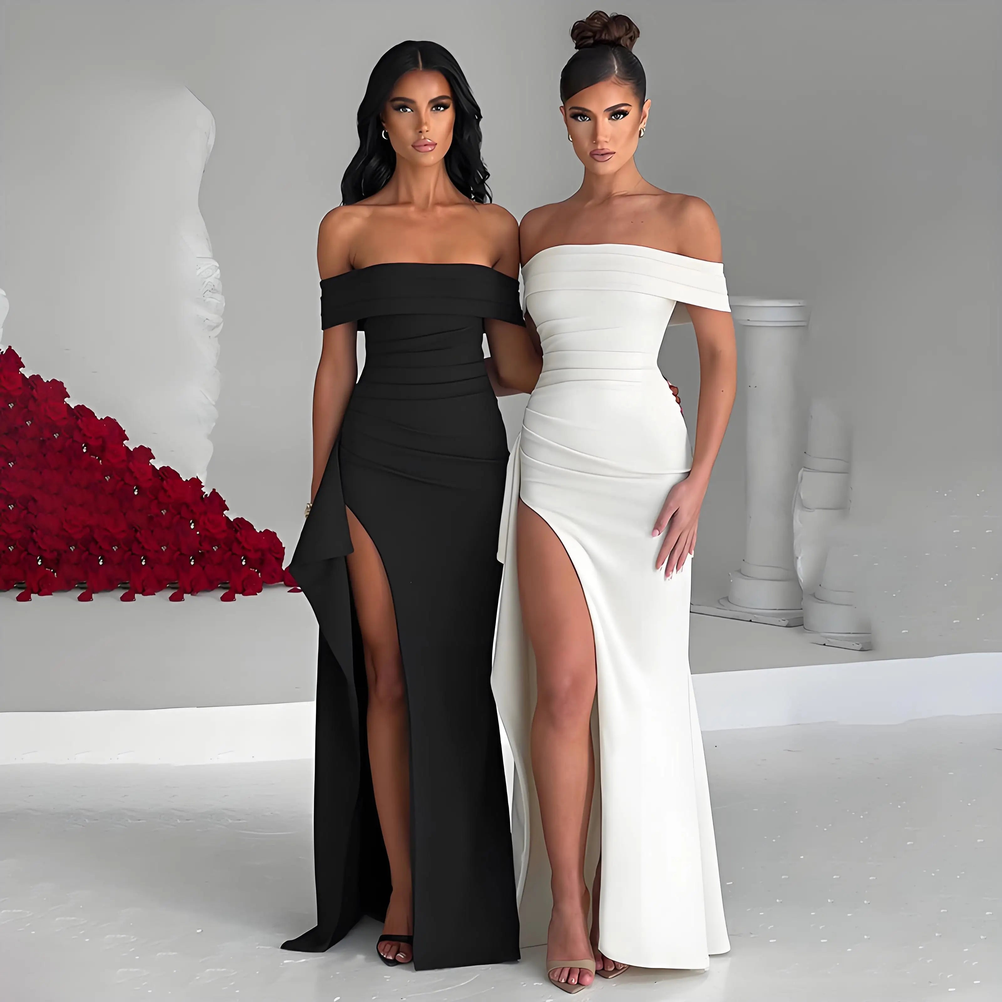 Elegant Evening Dress, Solid Color, Off-Shoulder, Women's Sexy High-Waisted Side-Slit Long Dress, Formal Maxi Ladies' Party Evening Dress