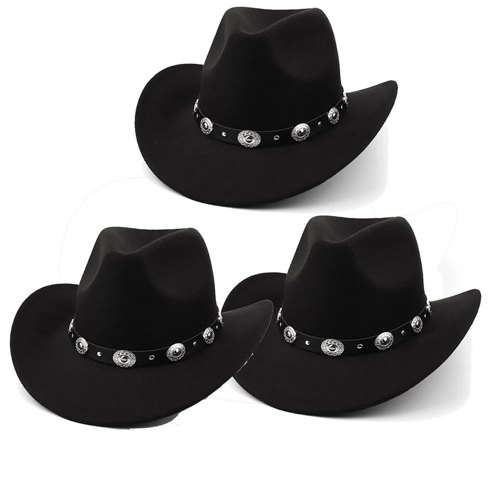Womens Felt Western Cowboy Hats Studded Pinched Western Cowgirl Hats Wide Brim Retro Fedoras Hat Belt Buckle Vacation Party Hat