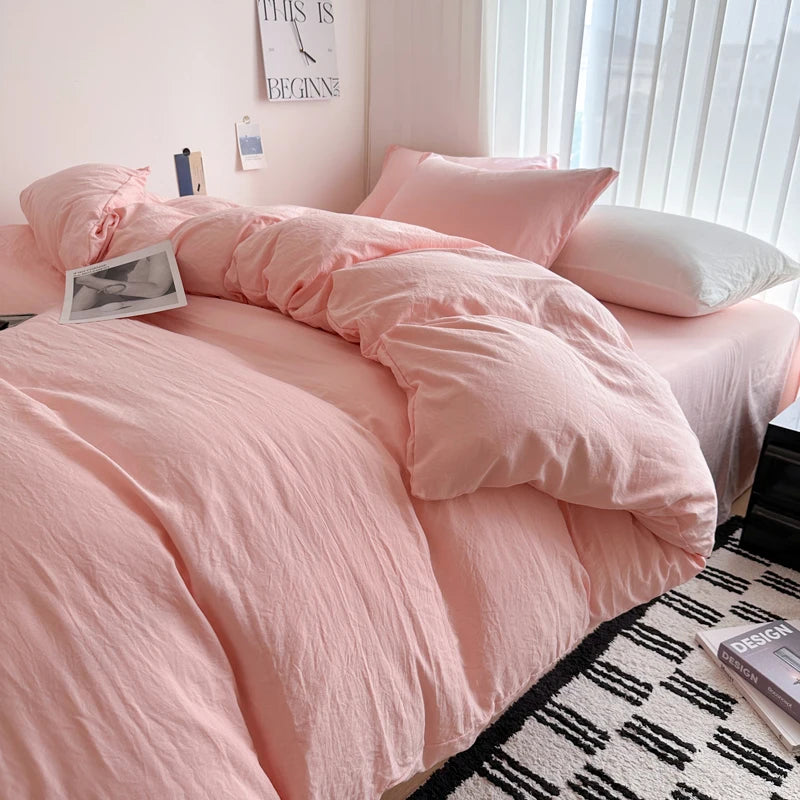 Bed Linen Solid Cotton Bedding Set with Sheet Duvet Cover Pillowcases Single Couple Bedsheet King Queen Double Twin Size