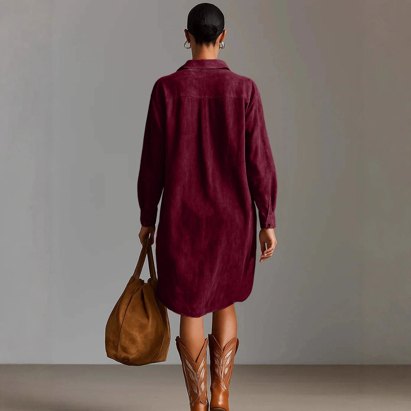 Dresses Womens Shirt Dress Terracotta Suede Embroidered High-Low Puff-Sleeve Bohemian Stylish Outfit Daily 2026 Trendy Vestido
