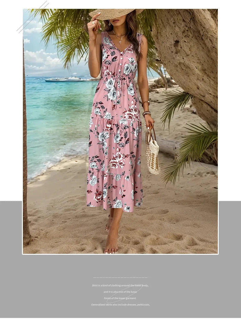 Elegant Floral Print Dress For Women Fashion  Bohemian Style Sleeveless Button Vestidos Female Casual V-neck A-line Dresses