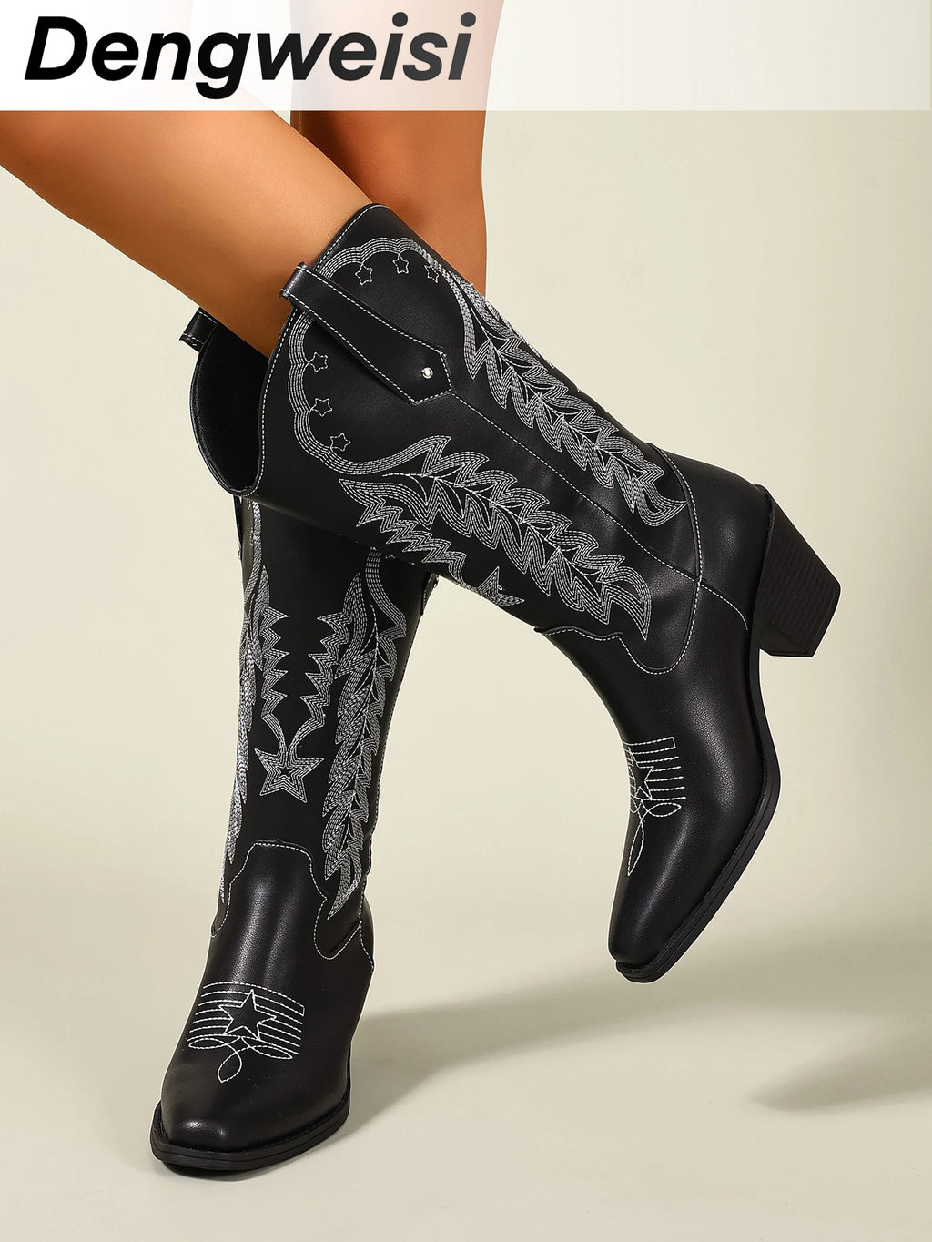 Black Embroidered Western Boots with Chunky Mid-Heel, Square Toe, Bohemian Style, European and American Style, Mid-Calf Boots, Versatile, Elegant, Suitable for Office, Commuting, Daily Wear, Vacation, Fashionable Women's Boot