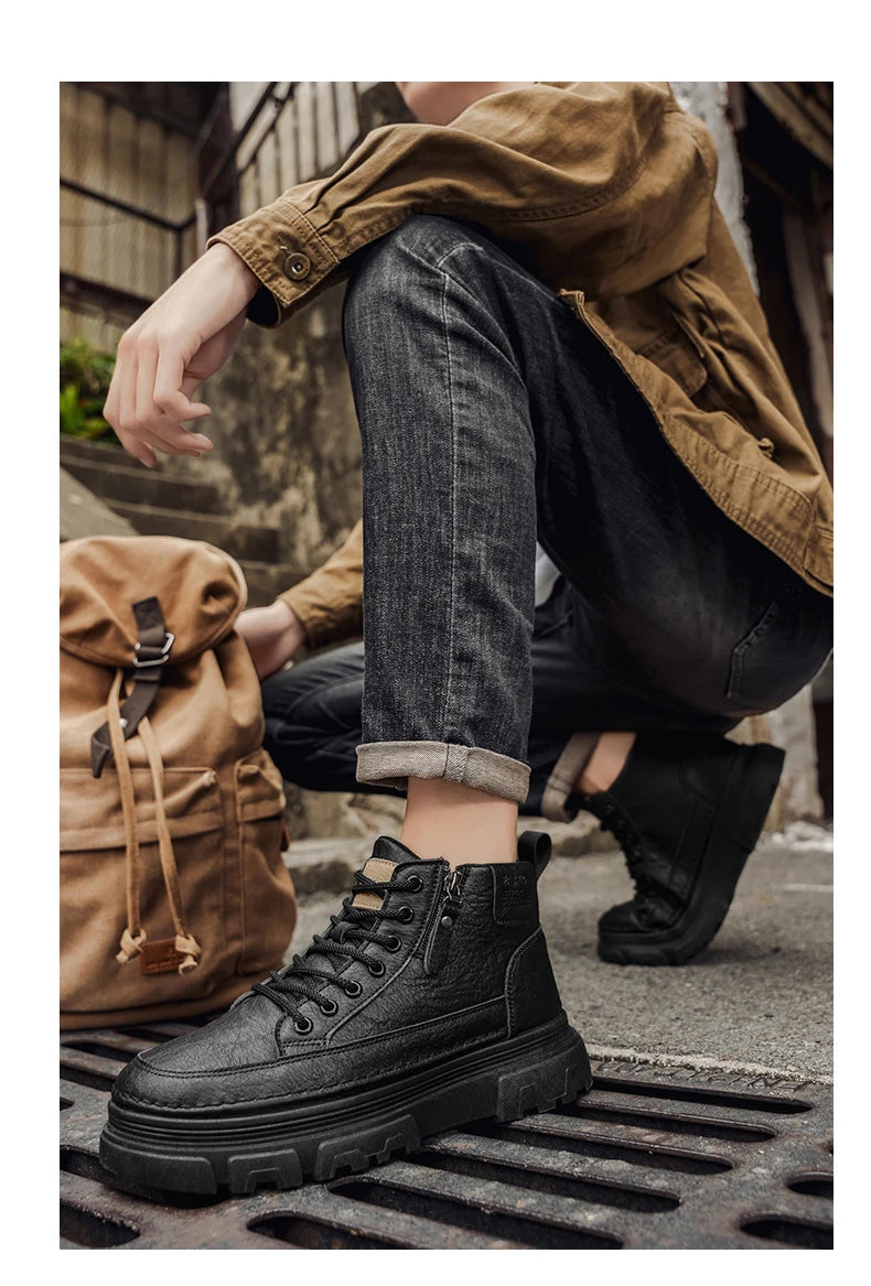 Men Boots Autumn Leather Waterproof Mid-top Sports Shoes New Fashion Ankle Boots Casual Outdoor Hiking Boots Shoes Male Sneakers