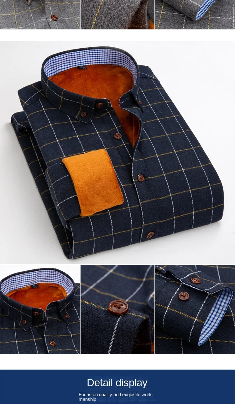 Longsleeve Shirts for Men 2025 Autumn Winter New Warm Plus Velvet Thick Cotton Lapel Casual Plaid Shirts Brand Mens Clothing