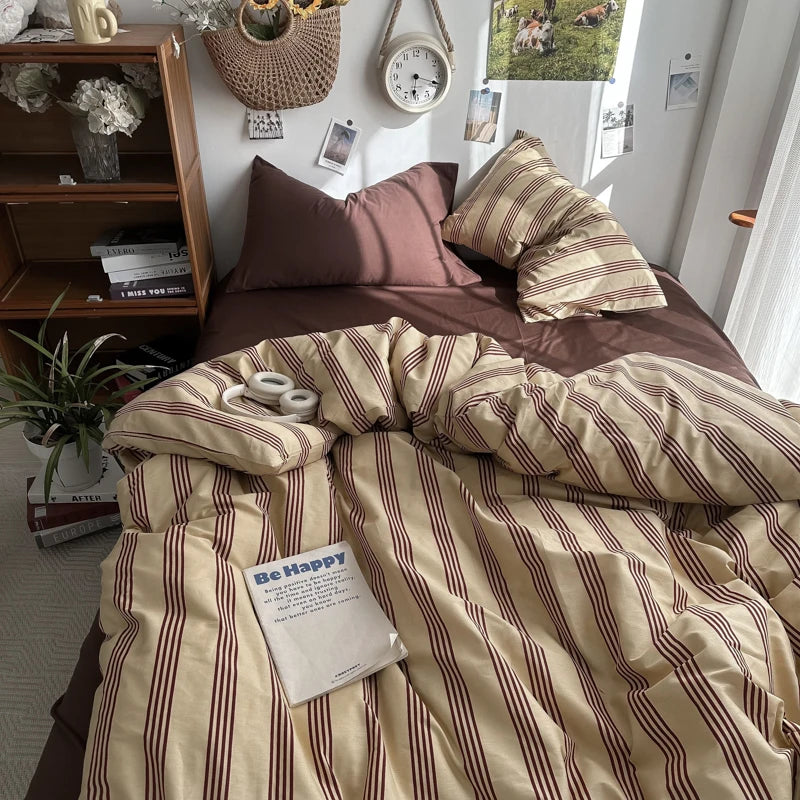 MissDeer Bedding Set Ins Ambiance Blue Coffee Grid Mixed With Washed Cotton Minimalist Four Piece Set Fitted Sheets Duvet Cover