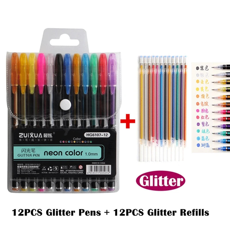 12/24Pcs Metallic Glitter Colors Gel Pens & Pen Refills For School Office Adult Coloring Book Journals Drawing Art Markers