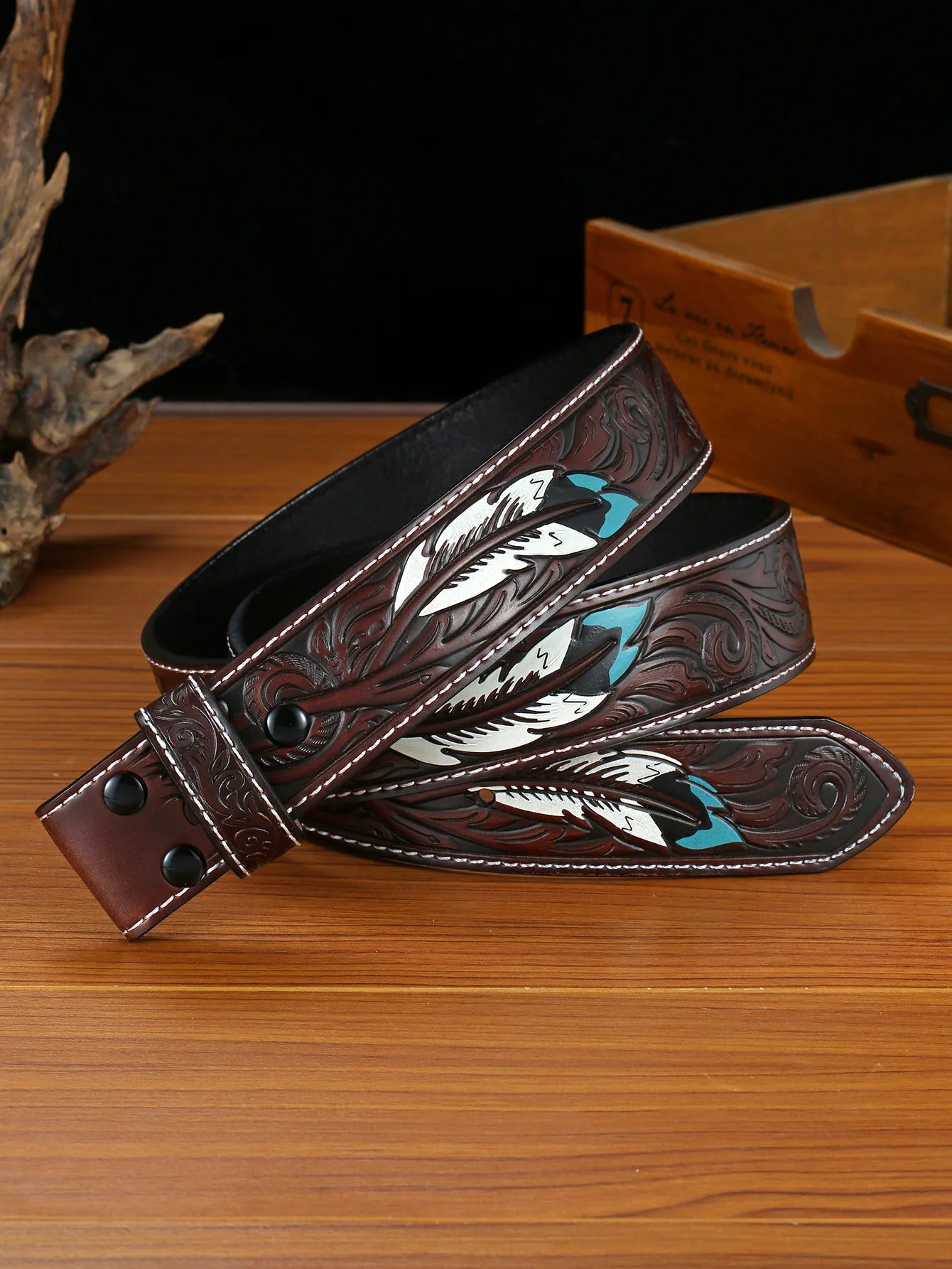 Genuine Leather Embossed Belts for Men&Women Cowboy punk wind pressure flower feather retro same style For 4CM Wide