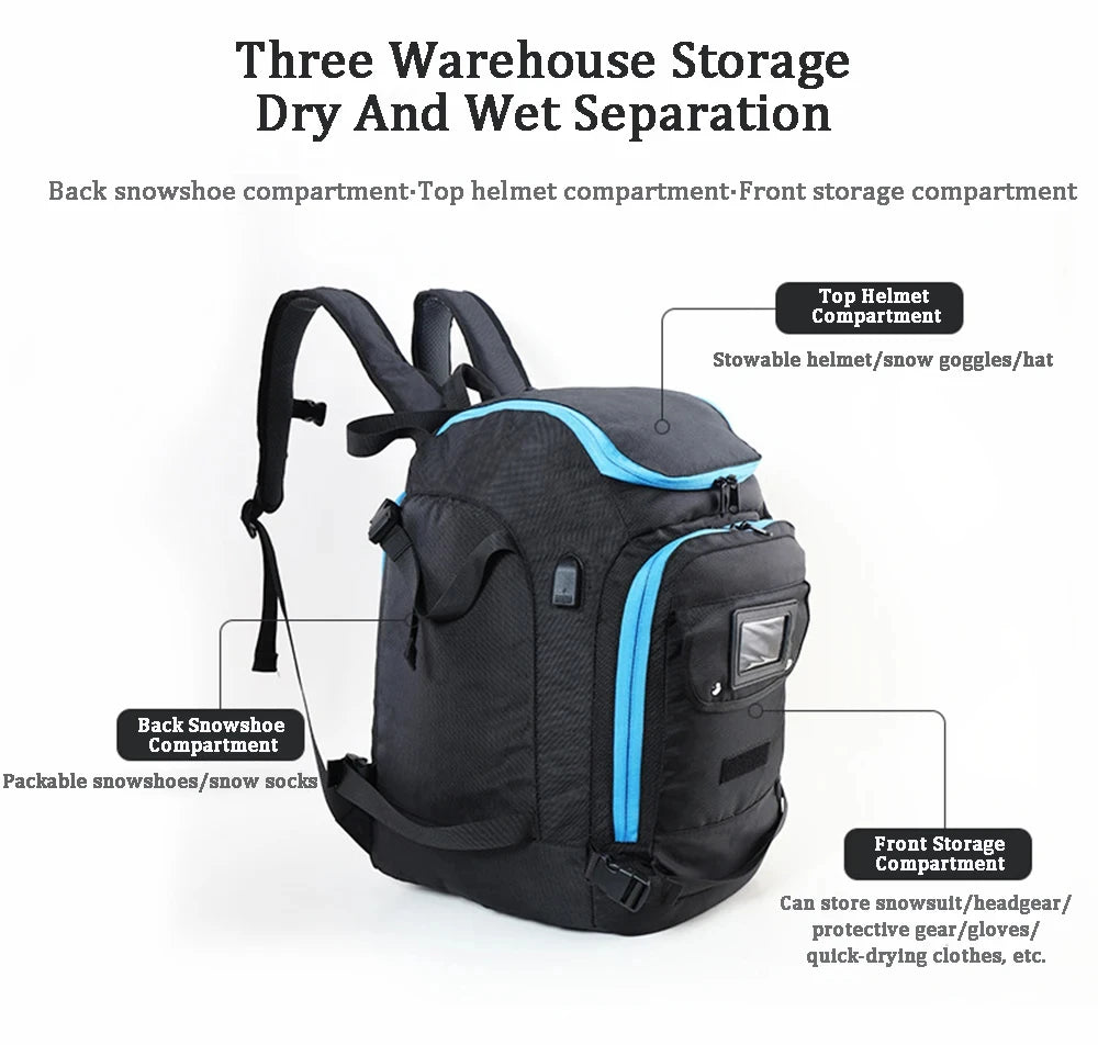 Ski Backpack Ski Boot Bag Lightweight Skiing Snowboarding Storage Bag Waterproof Ski Helmets Gloves Bag Outdoor Sports Supplies