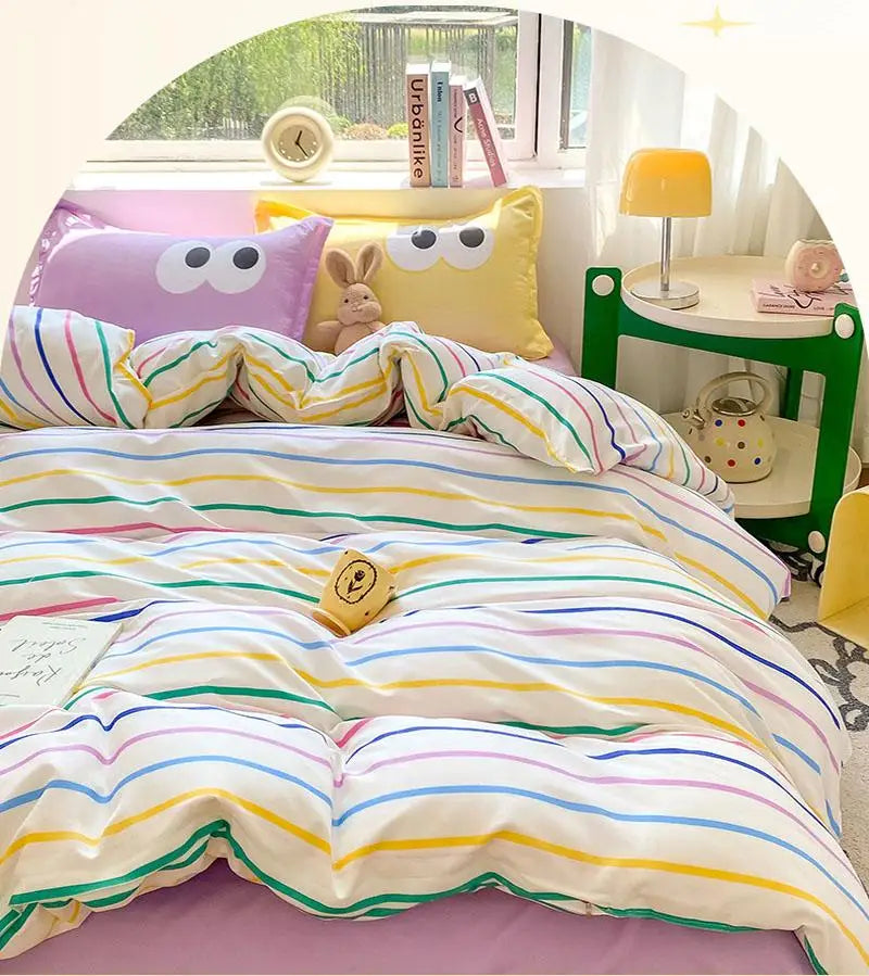 New Cartoon Striped Printed Bedding Sets Aloe Cotton Skin Friendly Breathable Comforter Cover Set Twin Double Size Bed Linens
